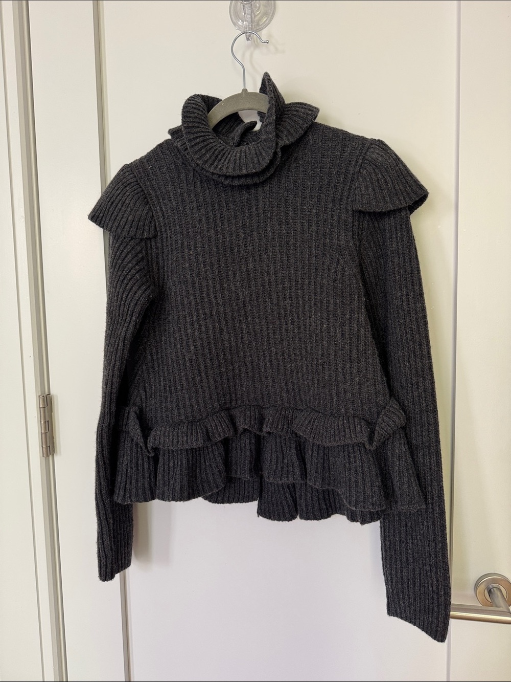 Ganni Charcoal Ribbed Ruffle Turtleneck Sweater